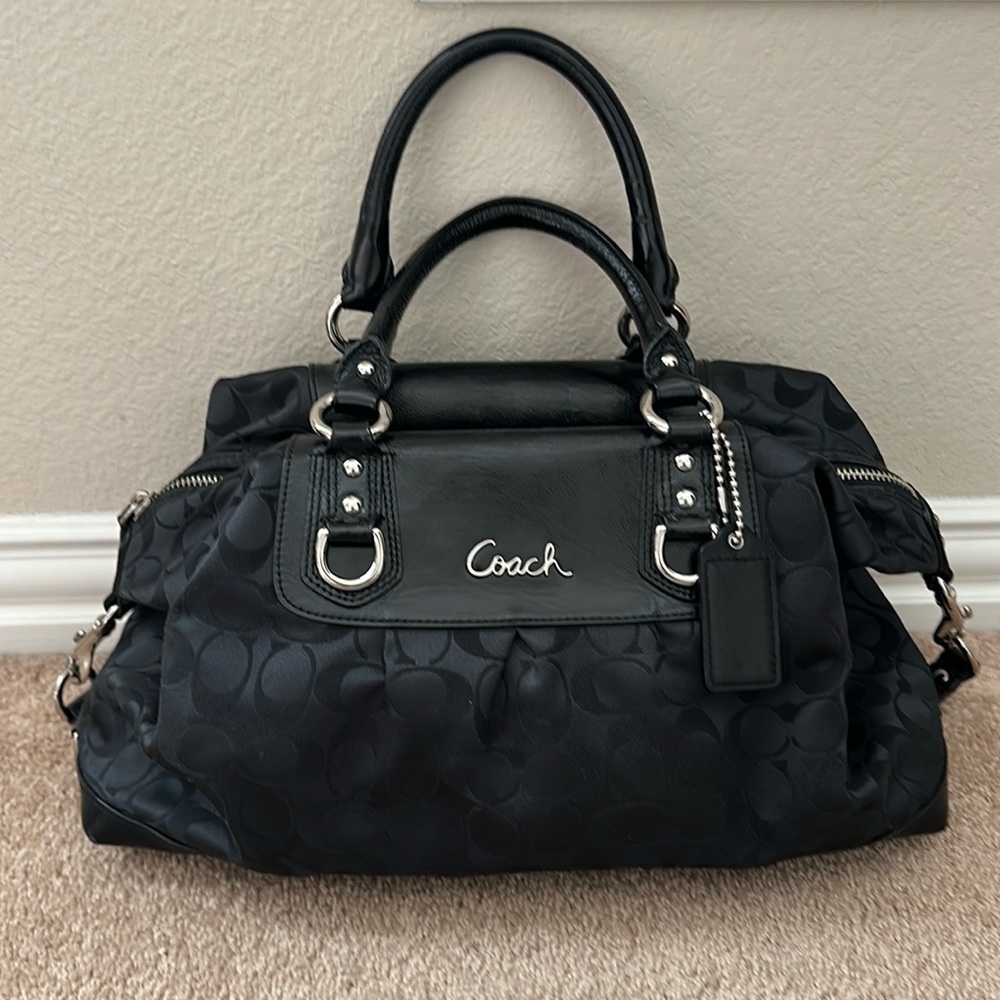 Coach Signature Sabrina Madison Logo Black Canvas Satchel Hobo Bag Purse
